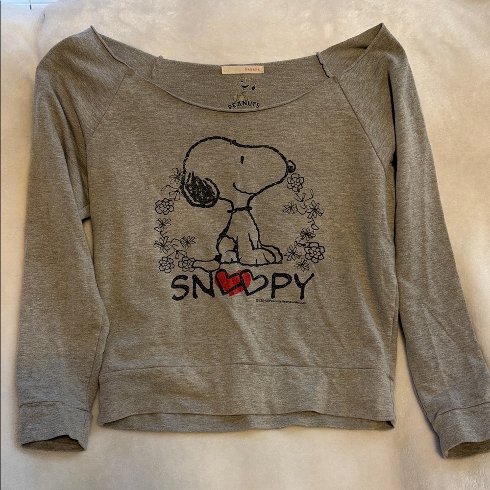 Papaya Gray Off-Shoulder Snoopy Sweater